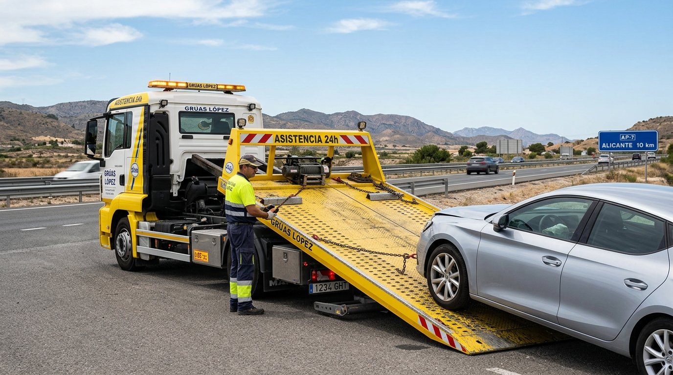 Grúa cargando coche en su plataforma deslizante con cabrestante
