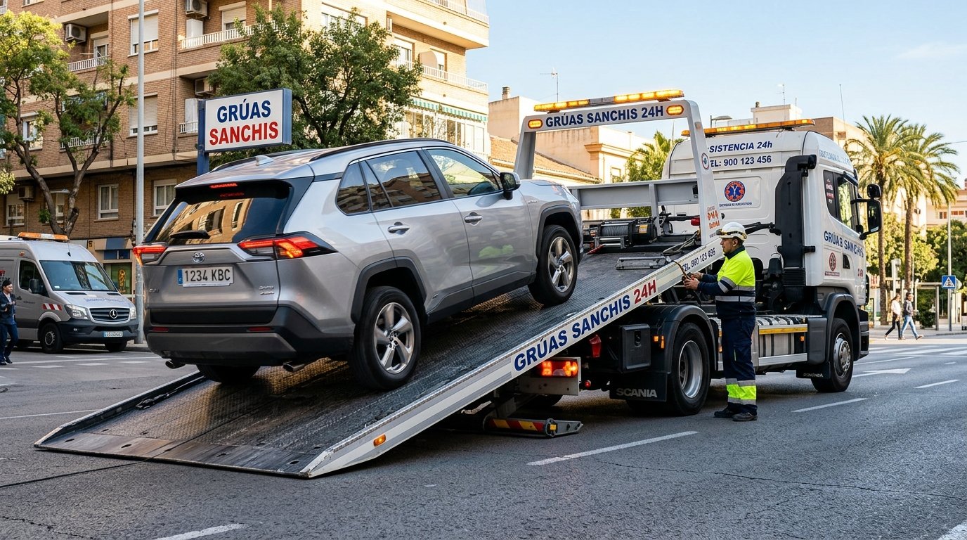 Grúa plataforma hidráulica cargando todoterreno en zona urbana con mando a distancia
