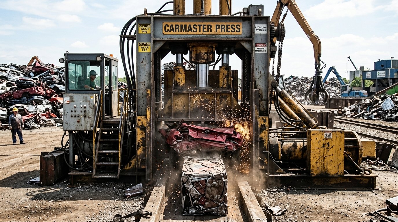 Prensa hidráulica compactadora de carrocerías de chatarra en desguace